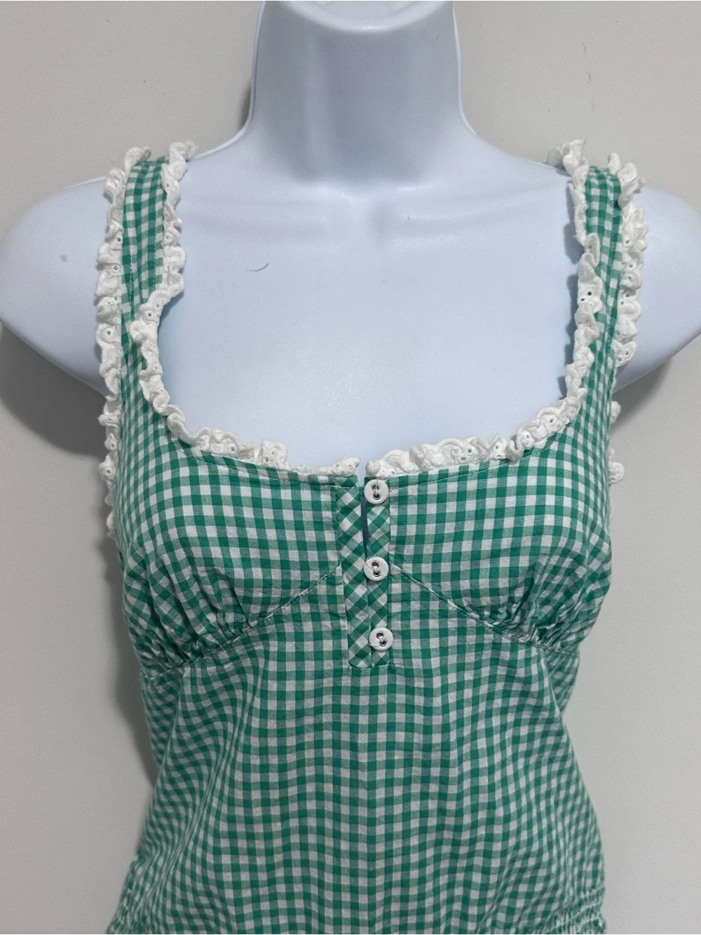 Free People Cassie Green Gingham Lace-Trim Bodysuit Size: Small